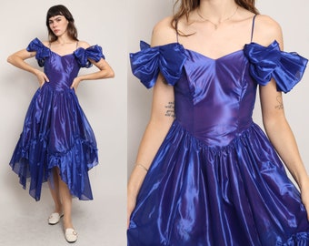 Robe en organza INDIGO des années 80, XS, robe de soirée bleue Steppin' Out, robe à épaules dénudées, robe à ourlet mouchoir, robe de bal des années 80, petite, très petite