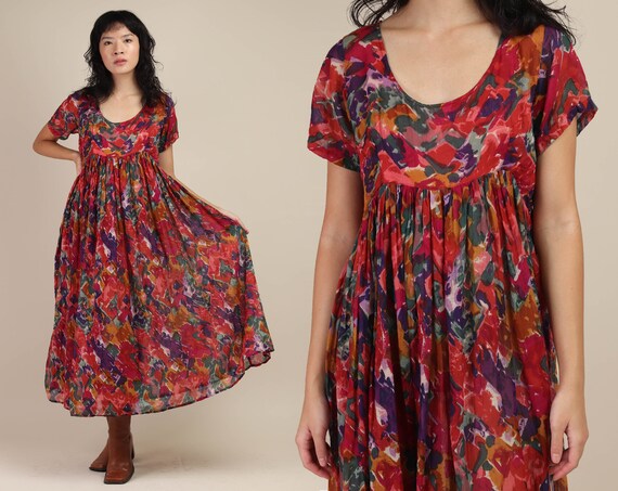 90s GAUZE FLORAL dress S / loose fit babydoll midi