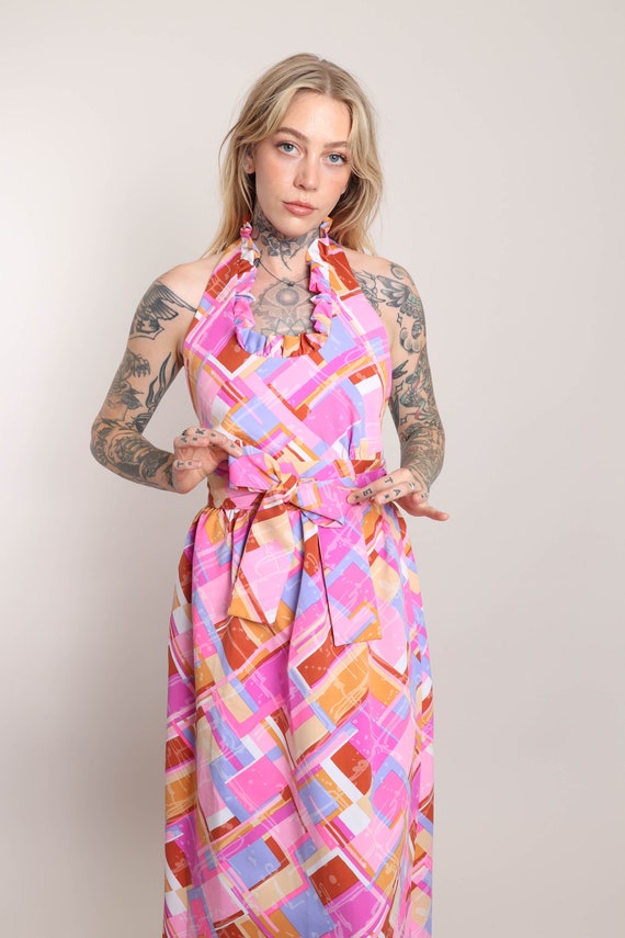 70s PINK MAXI wrap dress S / vivd pink abstract p… - image 3