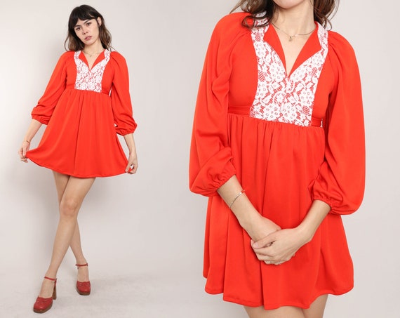 70s RED BABYDOLL mini dress XS S / red prairie mi… - image 1