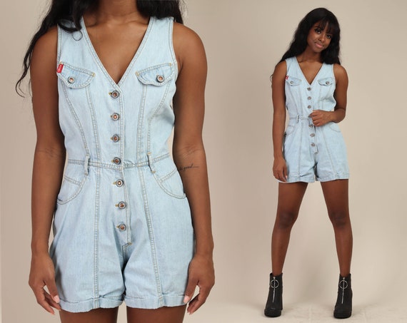 90s BLUE DENIM romper S M / button down jean rompe
