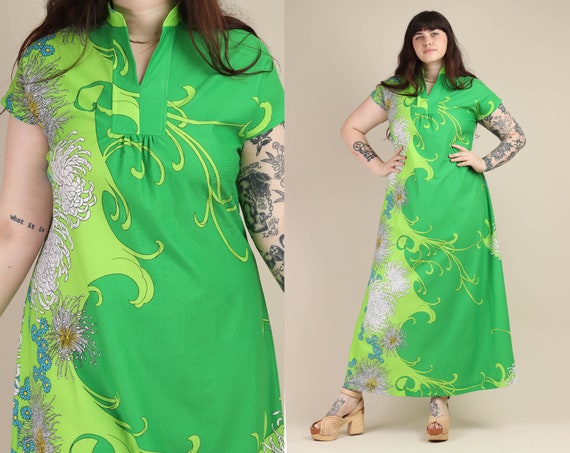 70s ASYMMETRIC PRINT dress L XL / green hawaiian p