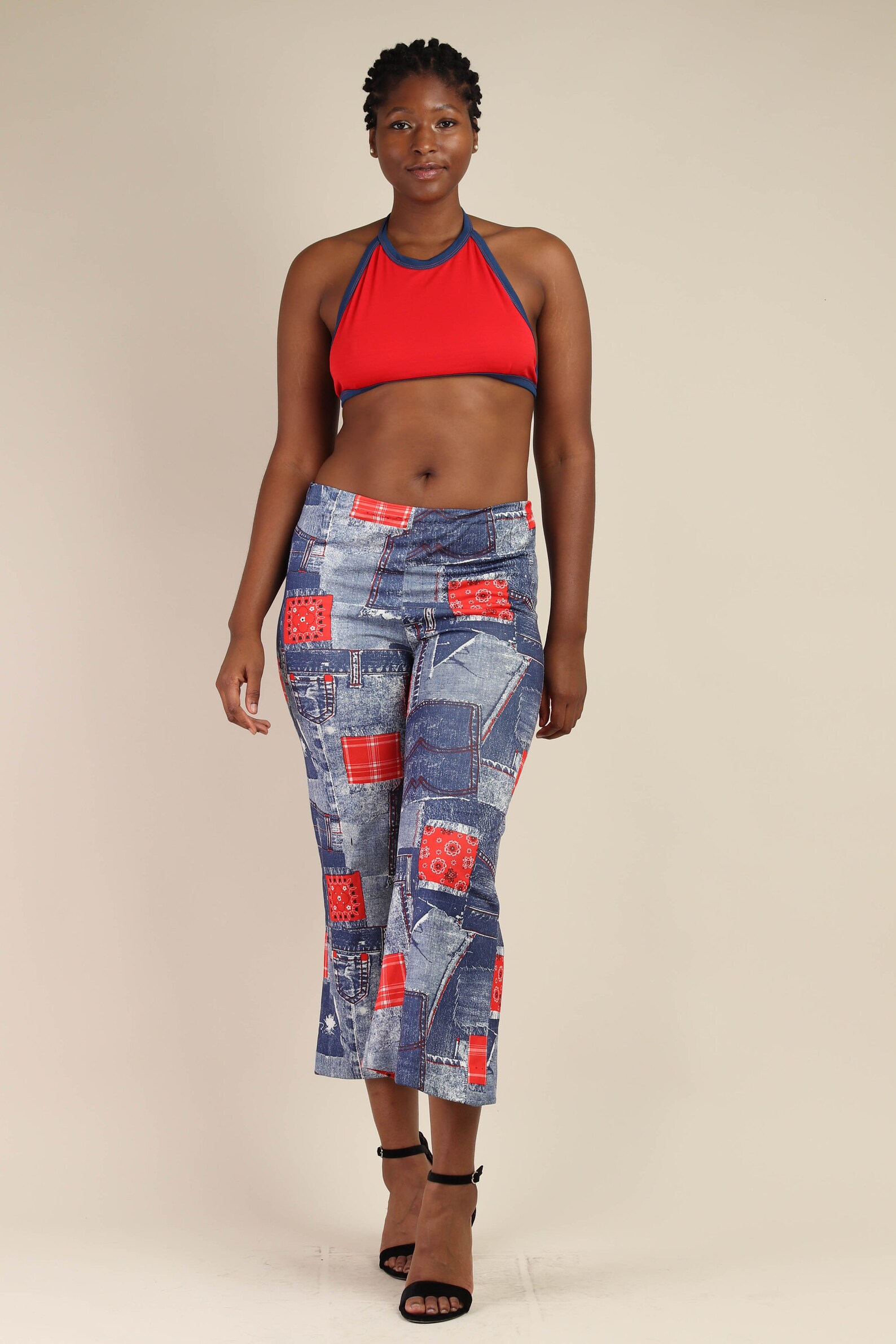 70s BANDANA DENIM PRINT pants M L / novelty print bell Etsy