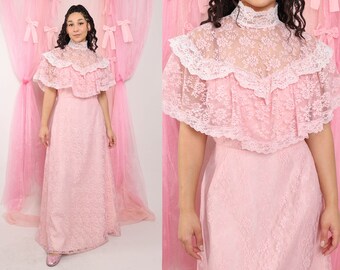 70s ROMANTIC LACE dress l xl / JC Penney pink prairie dress pink lace maxi dress pink prom dress pink victorian dress large extra large