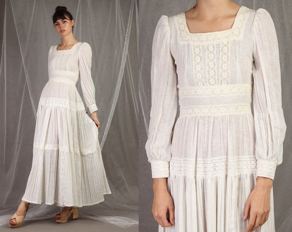 70s GAUZE COTTON dress XS S / antique white hippie
