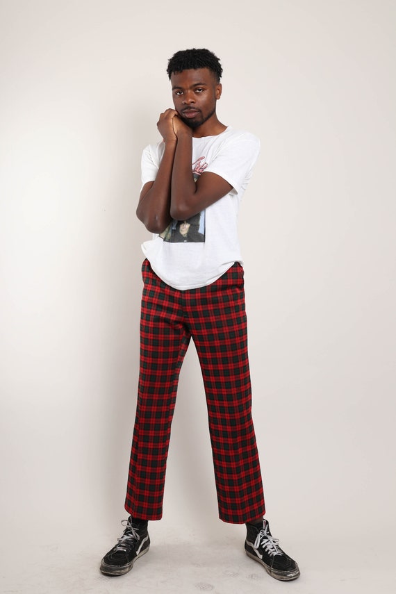 80s RED PLAID pants 37 38 waist / Haggar Slacks p… - image 2