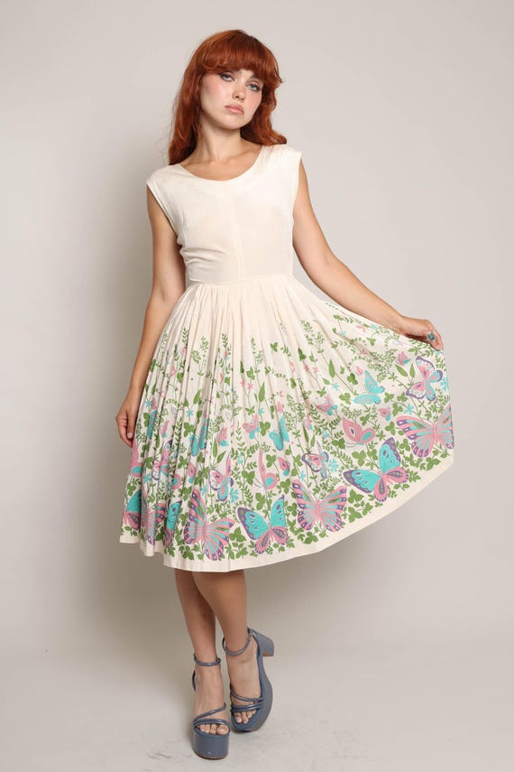 1950s Butterfly Print Dress: Pastel Floral Novelt… - image 1