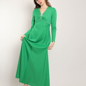 70s RHINESTONE MAXI dress S M / green polyester maxi dress empire waist dress rhinestone accent maxi dress small medium 1970s 60s 1960s