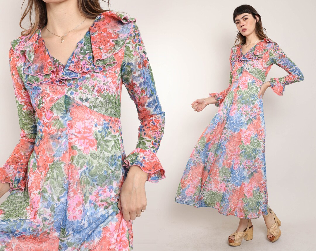 70s Floral Print Dress, Flared Skirt Midi Dress XS main image 0