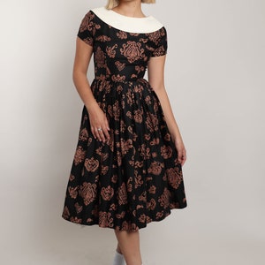 50s ACCENT COLLAR dress XS / black and brown detailed print cotton fit and flare dress abstract print dress extra small 1950s 60s 1960s