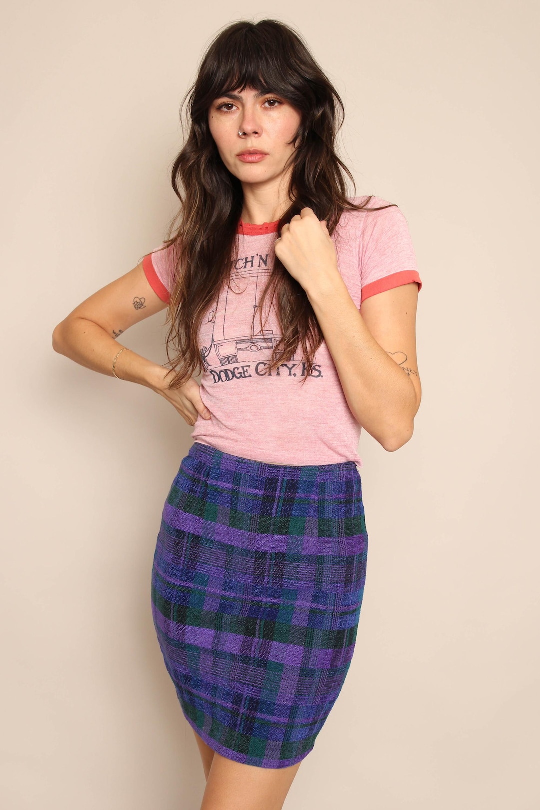 90s Purple Plaid Knit Bodycon Skirt: Express, Y2k, Size XS