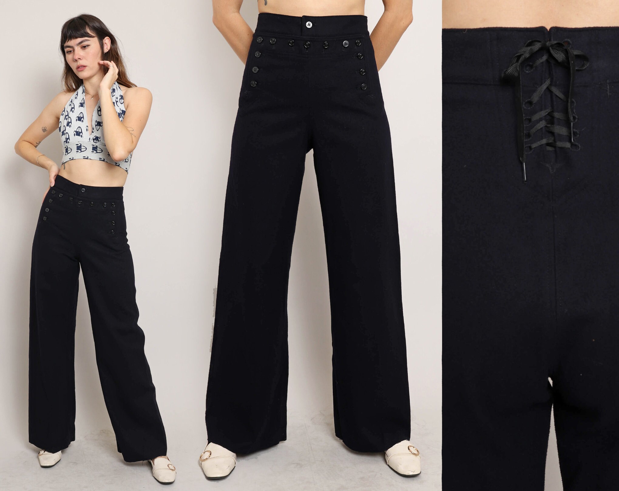 70s WOOL SAILOR Pants S 28 29 Waist / US Navy Uniform Pants