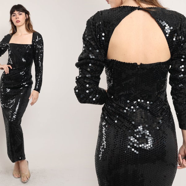 80s SEQUINED OPEN BACK dress S M / black sequined maxi dress black sequined gown ruched sleeve sequined dress cut out back dress 1980s