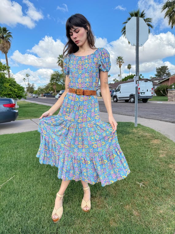 70s Floral Peasant Dress: Blue Patchwork Maxi Dre… - image 2