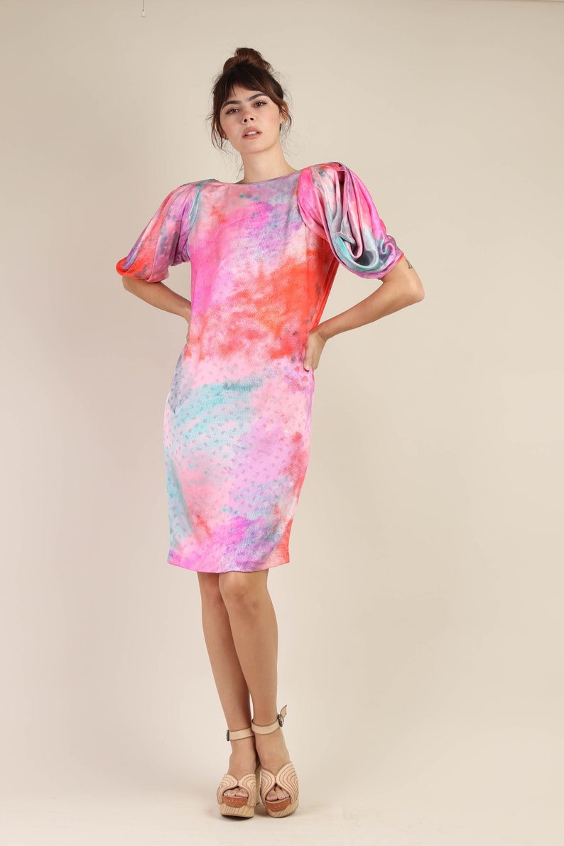 80s EMANUEL UNGARO silk dress XS cocoon draped avant garde puff sleeve pink rainbow galaxy print capriccio party 1980s extra small