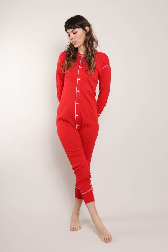 70s RIBBED KNIT long johns pajamas S / red knit p… - image 3