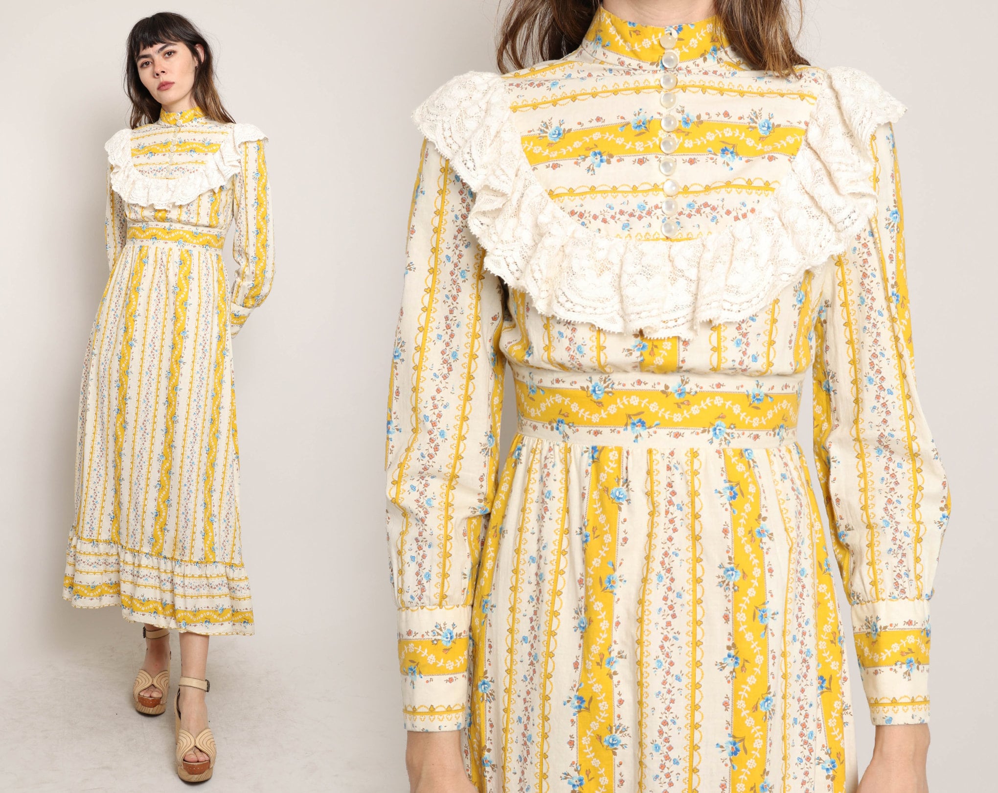 70s LACE BIB Prairie Dress S / Vicky Vaughn Prairie Dress Yellow