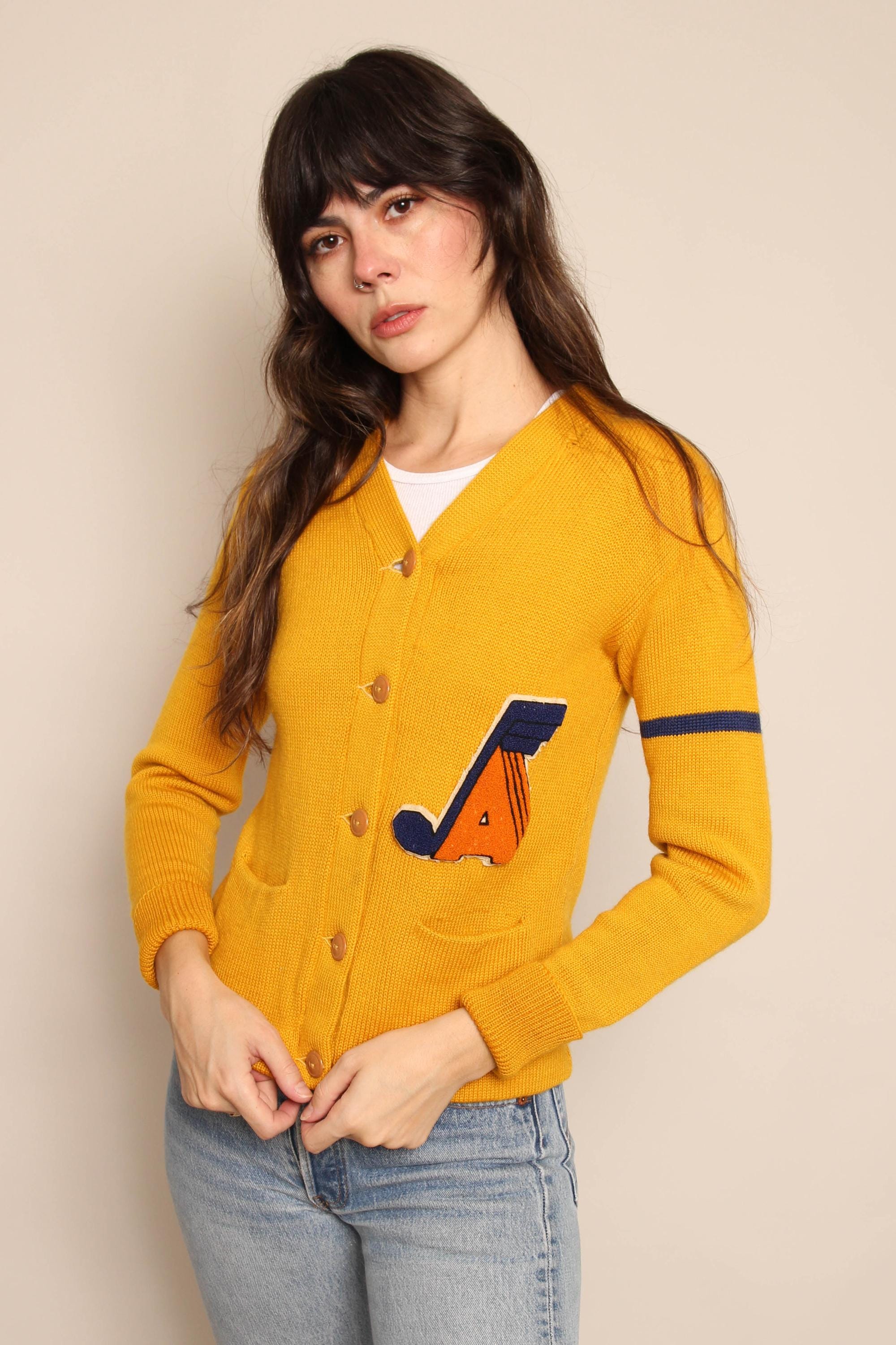 1950s Music Note Letterman Sweater: Mustard Yellow Wool Varsity
