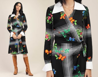 70s BUTTERFLY + STRIPED wrap dress S M / accent collar fitted novelty print rainbow botanical black white midi / 1970s / small medium