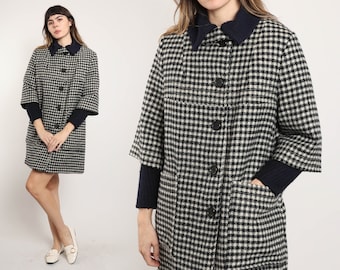 Manteau pied-de-poule M L / manteau en laine pied-de-poule noir blanc tricot manteau col poussette mod veste manteau de laine à carreaux moyen grand des années 1960