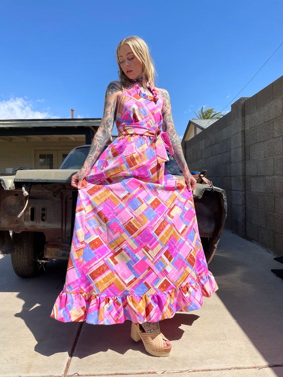 70s PINK MAXI wrap dress S / vivd pink abstract p… - image 8