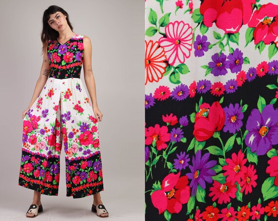 70s FLORAL PRINT jumpsuit S M / wide leg palazzo p
