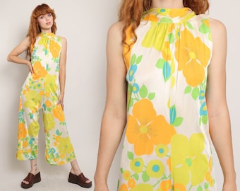 70s MOD FLORAL jumpsuit S / colorful sleeveless jumpsuit wide leg jumpsuit bell bottom jumpsuit mod jumpsuit small 1970s 60s 1960s