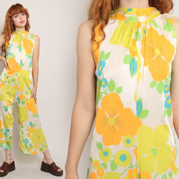 70s MOD FLORAL jumpsuit S / colorful sleeveless jumpsuit wide leg jumpsuit bell bottom jumpsuit mod jumpsuit small 1970s 60s 1960s