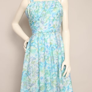 50s COTTON SUN dress XS / 1950s Falcon Originals of California dress blue floral sun dress blue cotton tank dress extra small 60s 1960s