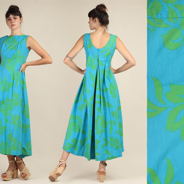 60s TIKI FLORAL dress S / green and blue hawaiian dress tropical print dress polynesian dress maxi sun dress tiki oasis mod floral 1960s 70s