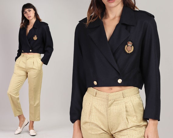80s MILITARY CREST blazer S M / navy blue cropped