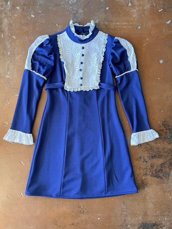 70s VICTORIAN mini dress XS / blue polyester mini 