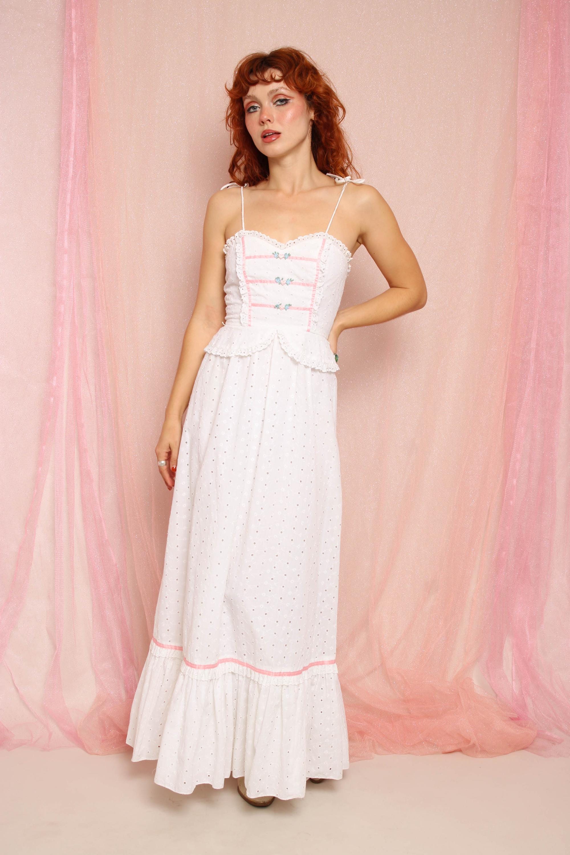 70s Eyelet Lace Prairie Dress, Candi Jones California, XS - Etsy