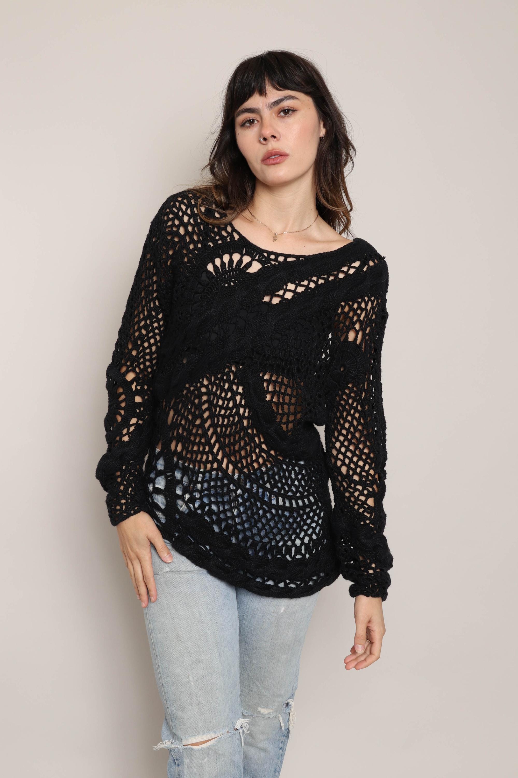 90s CROCHET FISHNET Sweater XS S / Vintage 1990s Von Saken