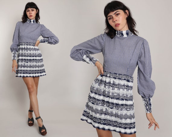 70s GINGHAM mini dress S M / blue gingham prairie… - image 1