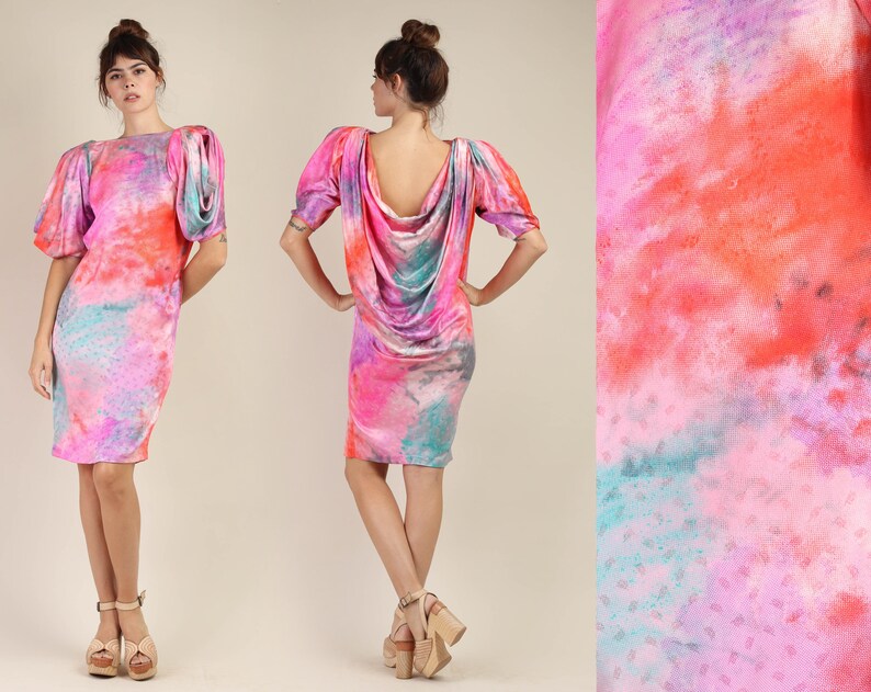 80s EMANUEL UNGARO silk dress XS cocoon draped avant garde puff sleeve pink rainbow galaxy print capriccio party 1980s extra small