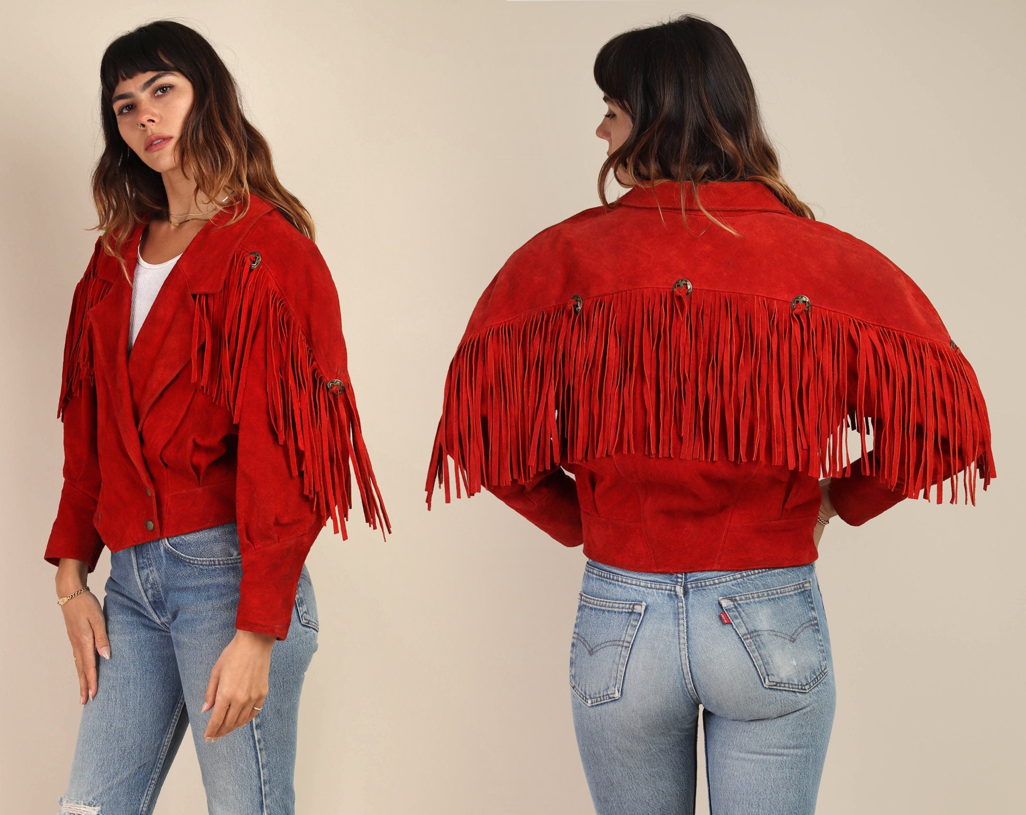 80s RED SUEDE FRINGE Jacket S M / Learsi Country Western