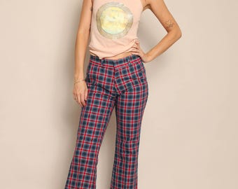 70s Plaid Bell Bottom Pants: Vintage Toughskins Sears Denim, Size XS/S