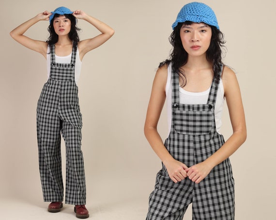 90s PLAID BIB overalls S / black and white baggy o