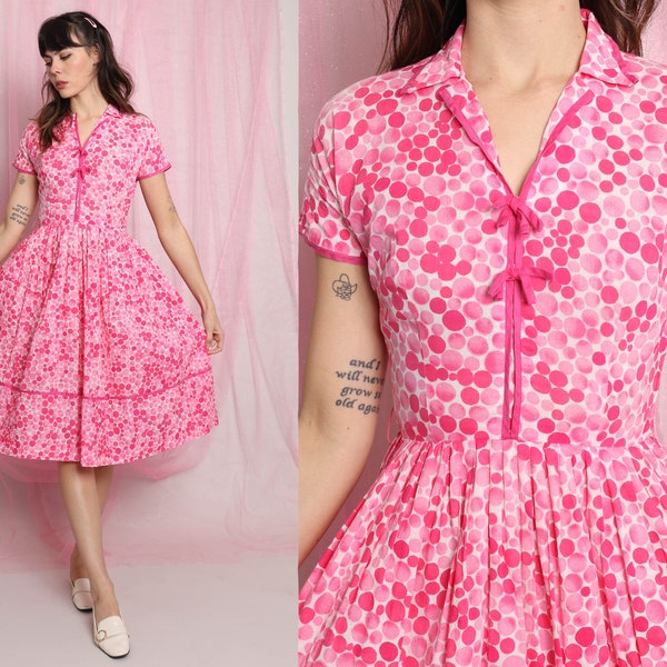 50s BUBBLEGUM LOVE dress XS / Mr. Henry A Division Of Henry Rosenfeld Inc. pink fit flare dress pink polka dot pink shirtwaist dress 1950s