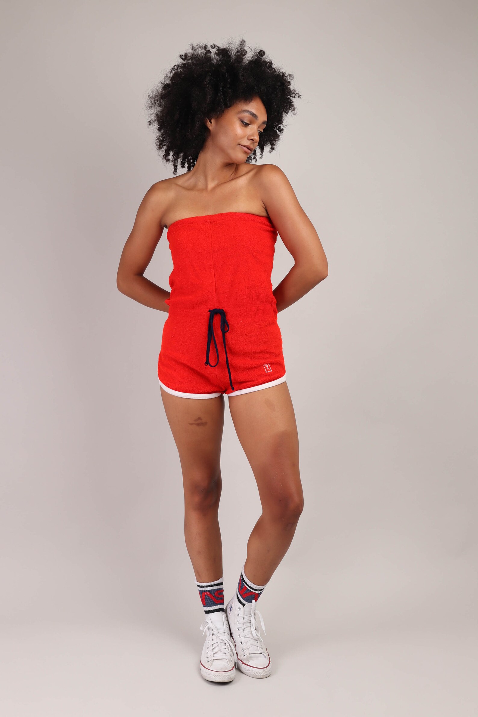 80s TERRY CLOTH romper S / strapless red Terry cloth romper Etsy