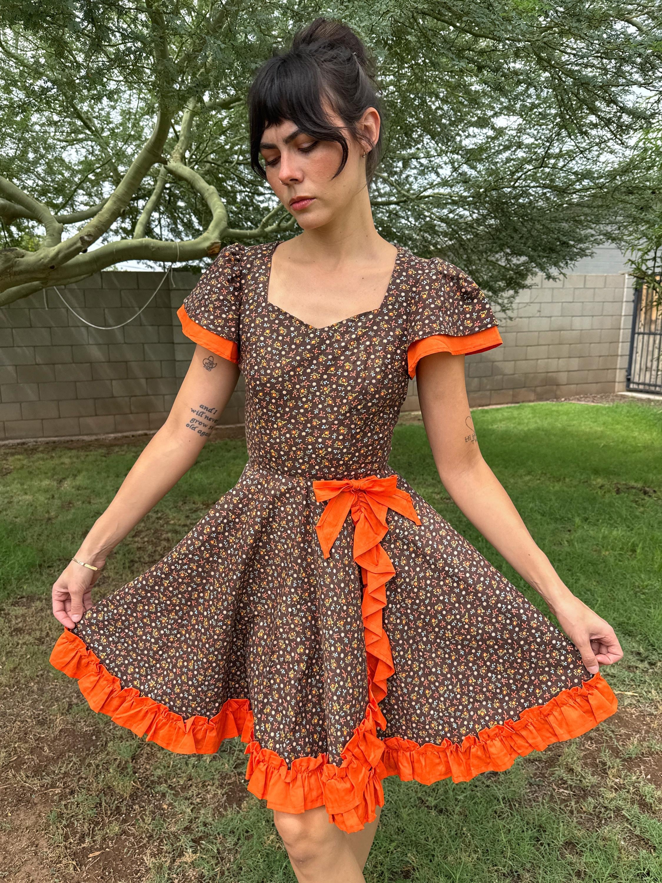 70s Calico Prairie Dress: Vintage Orange Ruffle Trim, Size S - Etsy