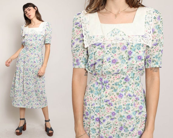 80s SQUARE COLLAR Dress S / Karin Stevens Pastel Floral Dress 