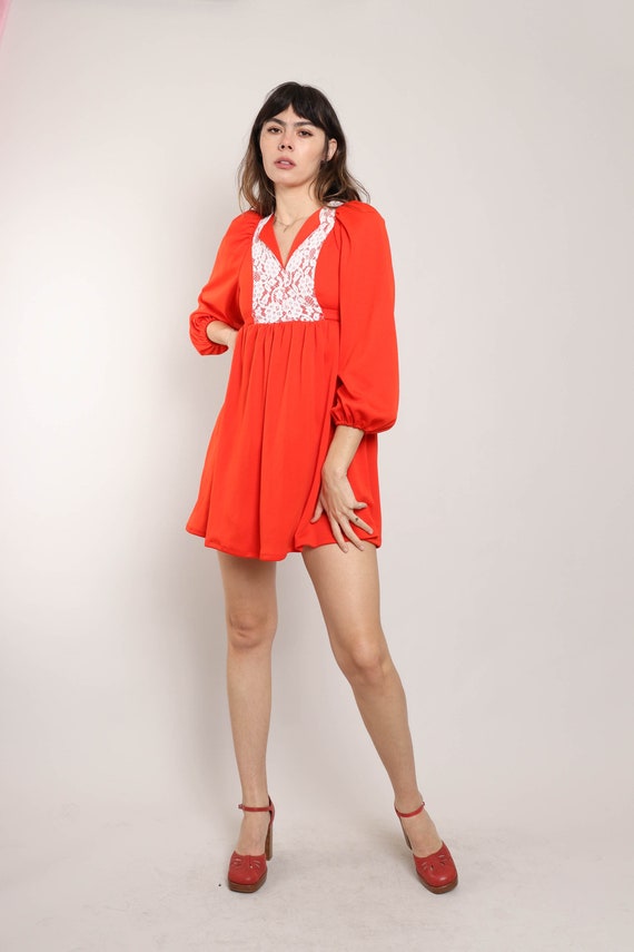 70s RED BABYDOLL mini dress XS S / red prairie mi… - image 3