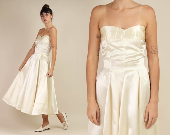 50s IVORY + SATIN dress / strapless fit and flare