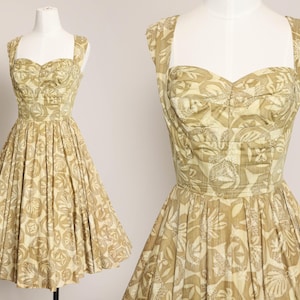 50s KAHALA TIKI dress XS S / hawaiian fit and flare cotton dress sweetheart neckline cotton dress pinup dress tropical dress small 1950s