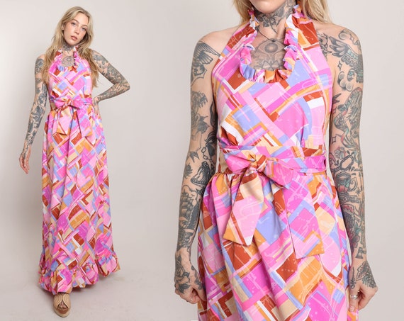 70s PINK MAXI wrap dress S / vivd pink abstract p… - image 1