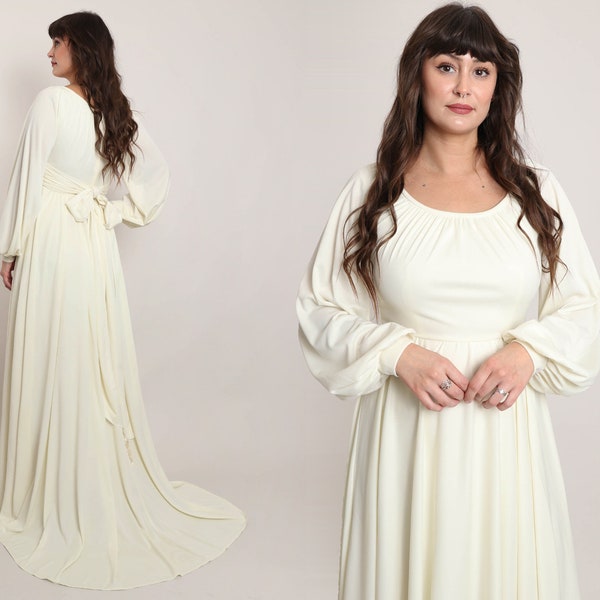 70s GRECIAN wedding dress with train S M / House Of Bianchi solid cream simple wedding gown fitted waist small train small medium 1970s
