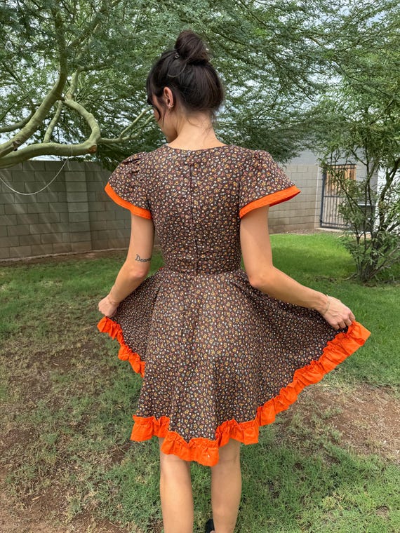 70s Calico Prairie Dress: Vintage Orange Ruffle Trim, Size S - Etsy