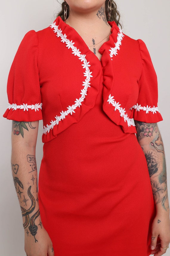 70s RED BABYDOLL dress S M / puff sleeve mod mini… - image 8